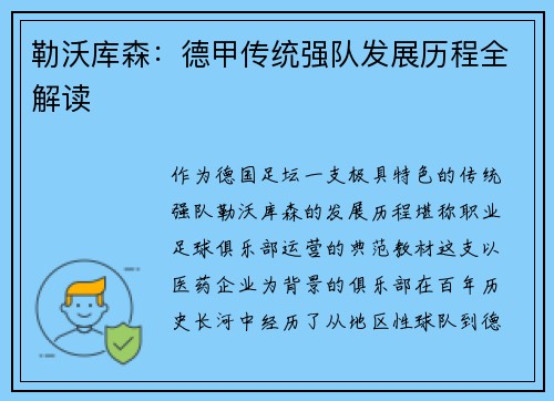 勒沃库森：德甲传统强队发展历程全解读