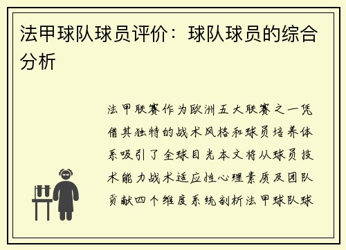 法甲球队球员评价：球队球员的综合分析