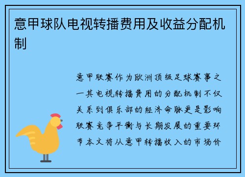 意甲球队电视转播费用及收益分配机制